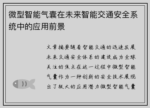 微型智能气囊在未来智能交通安全系统中的应用前景